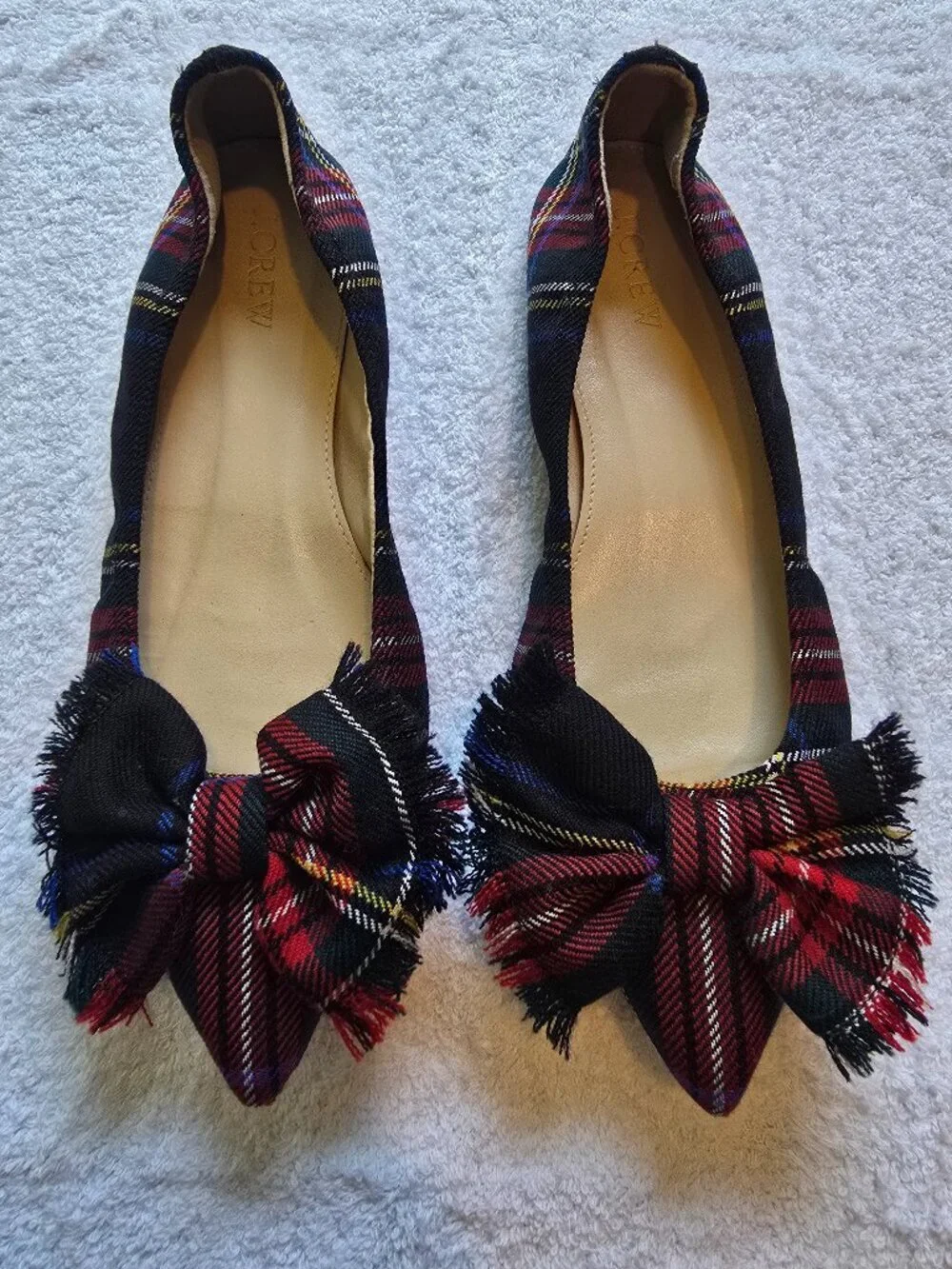 J. Crew Lottie Bow Flats in Wool Tartan Plaid with a Frayed Bow Accent